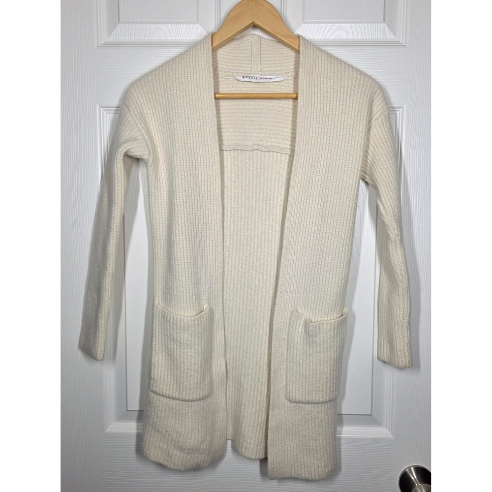Athleta Sunday Open Cardigan Cream Wool Cashmere Ribbed Knit Sweater XXS Cozy